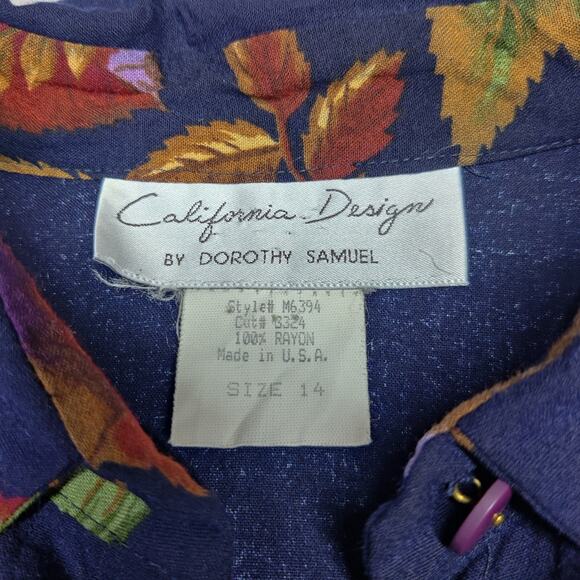 Vtg California Design Fall Autumn Leaf Print Long Sleeve Navy Blue Midi Dress 14 - Picture 9 of 13